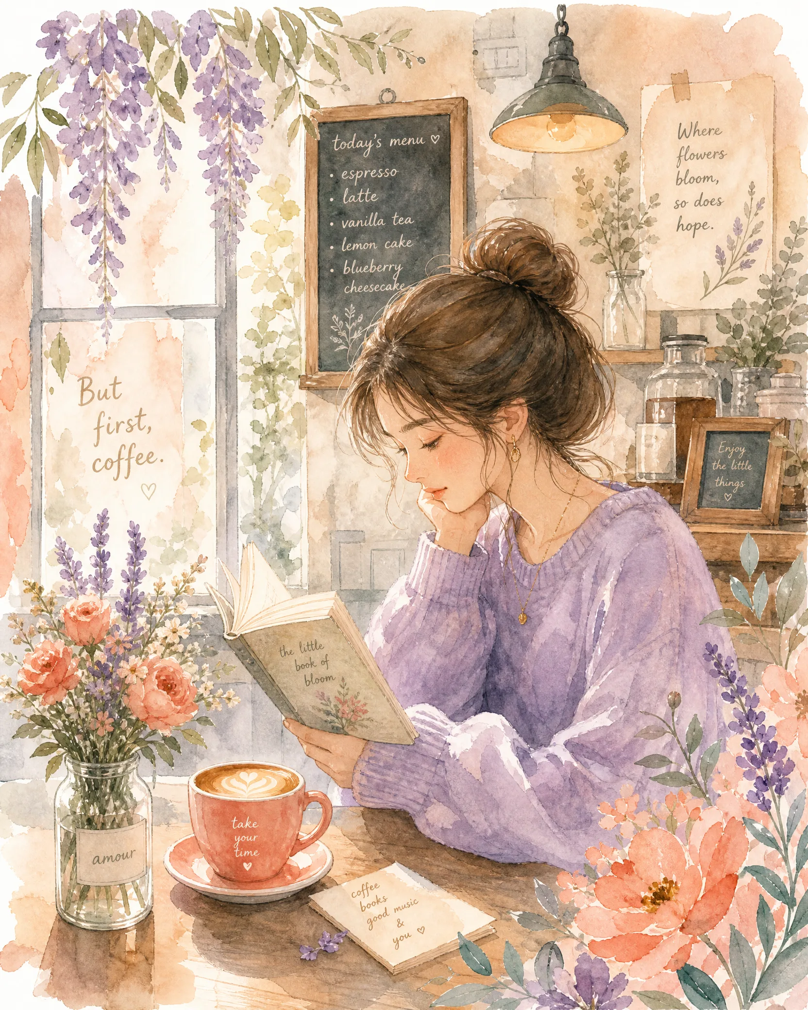 水彩风格咖啡馆阅读少女插画