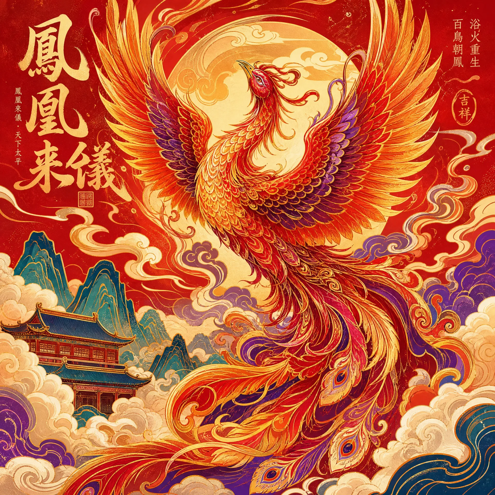 国潮风格凤凰﻿祥云中国传统插画